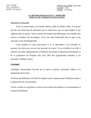 Première page de Français 5e — 1er devoir surveillé, 1er semestre (2019-2020) · CEG Yagbe