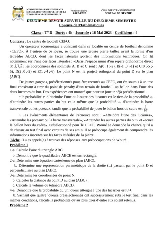 Première page de Mathématiques Tle D — 2e devoir surveillé, 2e semestre (2022-2023) · CEG SEKERE
