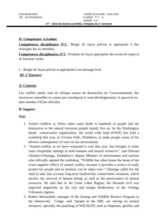 Première page de Anglais 1ère C, 1ère D, Tle C, Tle D — Devoir surveillé, 1er semestre (2018-2019) · CEG Banikanni