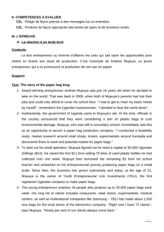 Première page de Devoir surveillé de ANGLAIS — Tle D — CEG Hubert C. MAGA (2018)