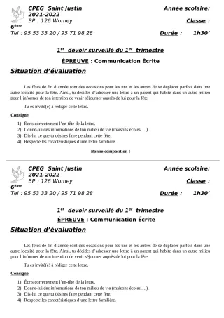 Première page de Français 6e — 1er devoir surveillé, 1er trimestre (2021-2022) · CPEG SAINT Justin