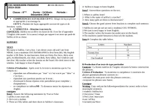 Première page de Anglais 6e, 5e, 4e, 4e ML, 3e, 3e ML, 2nde A2, 2nde B, 2nde C, 2nde D, 1ère A2, 1ère B, 1ère C, 1ère D, Tle A1, Tle A2, Tle B, Tle C, Tle D — Devoir surveillé (2019-2020) · CEG Banikanni