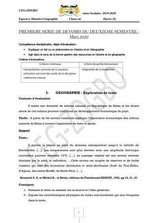 Première page de Histoire-Géographie 4e, 4e ML — 1er devoir surveillé, 2e semestre (2019-2020) · CEG ZOGBO