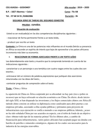 Première page de Espagnol 3e ML, 2nde A & B, 1ère B, Tle A2, Tle B — 2019-2020 · CEG Agassa Godomey