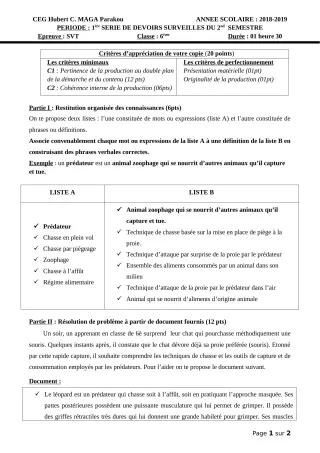 Première page de SVT 6e — 1er devoir surveillé, 2e semestre (2018-2019) · CEG Hubert C. MAGA