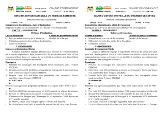 Première page de Histoire-Géographie 1ère D — 2e devoir surveillé, 1er semestre (2021-2022) · CEG SEKERE