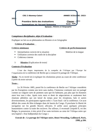 Première page de Histoire-Géographie 3e — 1re évaluation sommative, 2e semestre (2022-2023) · CEG2 ABOMEY - CALAVI (CEG ZOCA)