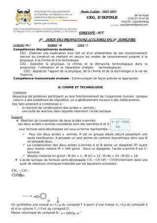 Première page de PCT Tle C — 1re production scolaire, 2e semestre (2022-2023) · CEG1 Ikpinlè
