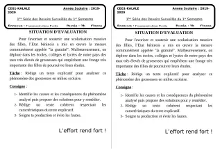 Première page de Français 3e, 3e ML — 1er devoir surveillé, 1er semestre (2019-2020) · CEG1 Kalalé