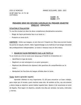 Première page de Espagnol 3e ML — 1er devoir surveillé, 1er semestre (2020-2021) · CEG LE NOKOUE