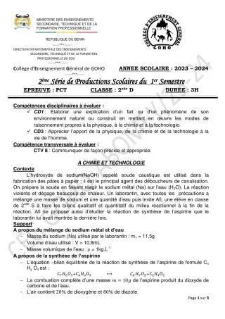 Première page de PCT 2nde D — 2e production scolaire, 1er semestre (2023-2024) · CEG GOHO