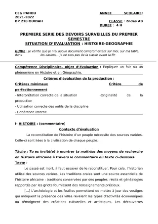 Première page de Histoire-Géographie 2nde A2, 2nde B — 1er devoir surveillé, 1er semestre (2021-2022) · CEG PAHOU