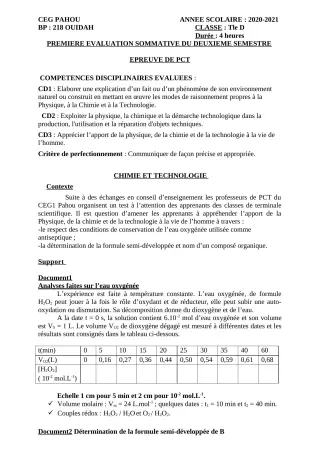 Première page de PCT Tle D — 1re évaluation sommative, 2e semestre (2020-2021) · CEG PAHOU