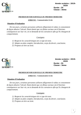 Première page de Français 3e, 3e ML — 1er devoir surveillé, 1er trimestre (2019-2020) · CPEG ROSAIRE