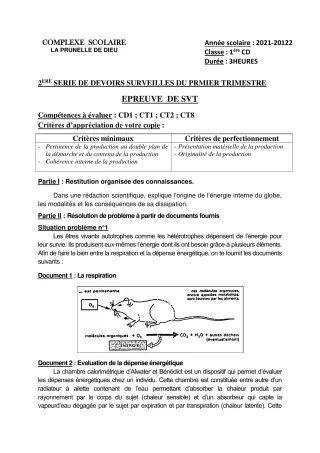Première page de SVT 1ère D — Devoir surveillé (2021-2022) · CEPG La Prunelle de Dieu