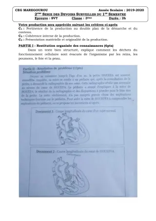 Première page de SVT 3e, 3e ML — Devoir surveillé, 1er semestre (2019-2020) · CEG MAREGOUROU