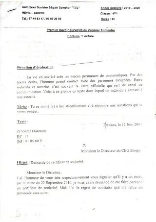 Première page de Français 4e, 4e ML — 1er devoir surveillé, 1er trimestre (2019-2020) · CPEG SEGUIN SENGHOR