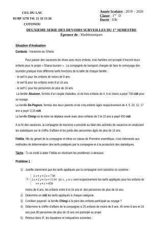 Première page de Mathématiques 1ère D — 2e devoir surveillé, 1er semestre (2019-2020) · CEG du Lac