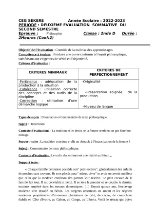 Première page de Philosophie 2nde D — 2e évaluation sommative, 2e semestre (2022-2023) · CEG SEKERE