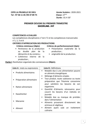 Première page de SVT 6e — 1er devoir surveillé, 1er trimestre (2020-2021) · CEPG La Prunelle de Dieu