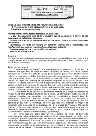 Première page de Espagnol Tle B — 1er devoir surveillé, 1er semestre (2020-2021) · CEG ZONGO