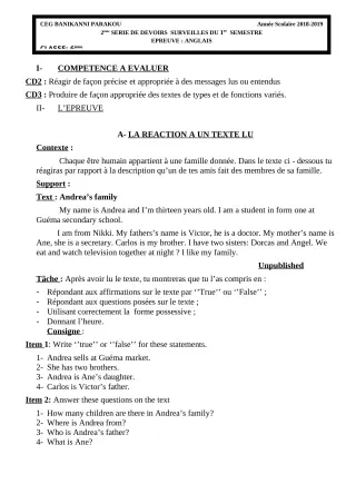 Première page de Anglais 6e, 4e, 4e ML — 2e devoir surveillé, 1er semestre (2018-2019) · CEG Banikanni