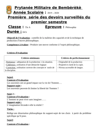 Première page de Philosophie Tle A1, Tle A2 — 1er devoir surveillé, 1er semestre (2019-2020) · PMB