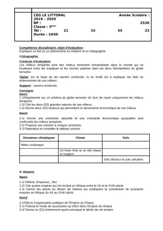 Première page de Histoire-Géographie 5e — Production scolaire (2019-2020) · CEG Le Littoral