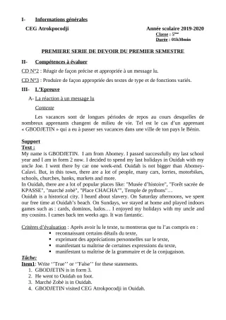 Première page de Anglais 5e — 1er devoir surveillé, 1er semestre (2019-2020) · CEG ATROKPOCODJI