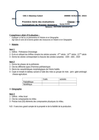 Première page de Histoire-Géographie 6e — 1re évaluation sommative, 1er semestre (2022-2023) · CEG2 ABOMEY - CALAVI (CEG ZOCA)