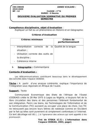 Première page de Histoire-Géographie 1ère A — 2e évaluation sommative, 1er semestre (2019-2020) · CEG Zinvié
