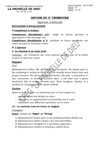 Première page de Anglais 6e — Devoir surveillé, 2e trimestre (2019-2020) · CEPG La Prunelle de Dieu