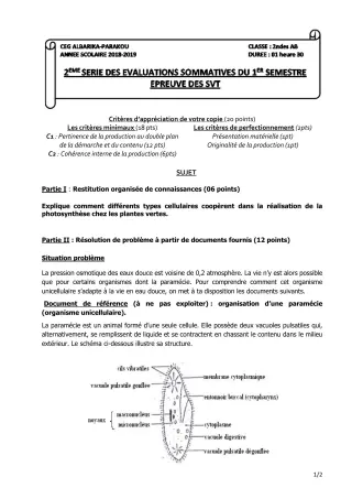 Première page de SVT 2nde A, 2nde B — Évaluation sommative (2018-2019) · CEG Albarika