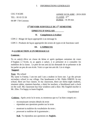 Première page de Anglais 6e — 1er devoir surveillé, 1er semestre (2019-2020) · CEG Yagbe