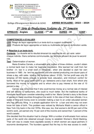 Première page de Anglais 1ère A & B — 1re production scolaire, 2e semestre (2023-2024) · CEG GOHO