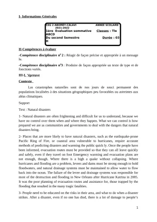 Première page de Anglais Tle A1 — 1re évaluation sommative, 2e semestre (2021-2022) · CEG2 ABOMEY - CALAVI (CEG ZOCA)