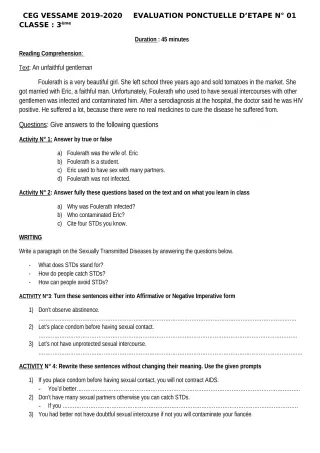 Première page de Interrogation écrite de ANGLAIS — 3e, 3e ML — CEG Vèssamè (2018)
