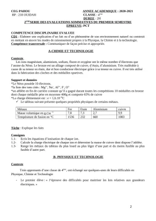 Première page de PCT 4e — 2e évaluation sommative, 1er semestre (2020-2021) · CEG PAHOU