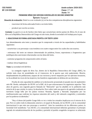 Première page de Espagnol 2nde A & B, 2nde A2, 2nde B — 1er devoir surveillé, 2e semestre (2020-2021) · CEG PAHOU