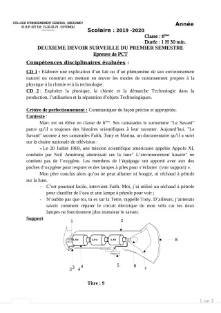 Première page de PCT 6e — 2e devoir surveillé, 1er semestre (2019-2020) · CEG GBEGAMEY