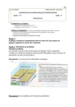 Première page de SVT 1ère D — 2e devoir surveillé, 1er semestre (2020-2021) · CEG SEKERE