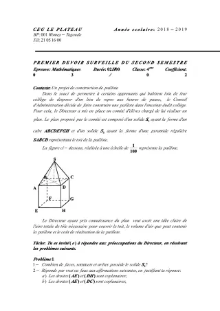 Première page de Mathématiques 4e ML — 1er devoir surveillé, 2e semestre (2018-2019) · CEG Le Plateau