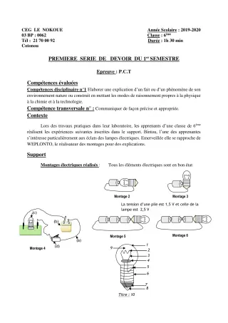 Première page de PCT 6e — 1er devoir surveillé, 1er semestre (2019-2020) · CEG LE NOKOUE