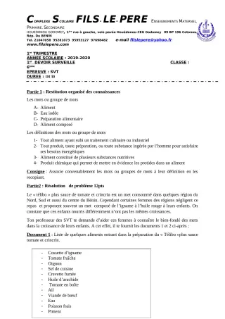 Première page de SVT 6e — 1er devoir surveillé, 1er trimestre (2019-2020) · CPEG Fils-Le-Père