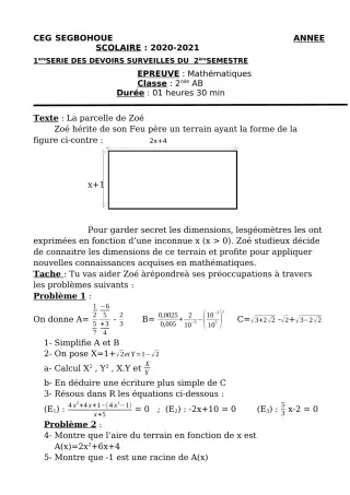 Première page de Mathématiques 6e, 5e, 4e, 4e ML, 3e, 3e ML, 2nde D, 1ère A2, 1ère B, 1ère D, Tle A1, Tle A2, Tle B, Tle D — Devoir surveillé (2020-2021) · CEG SEGBOHOUE