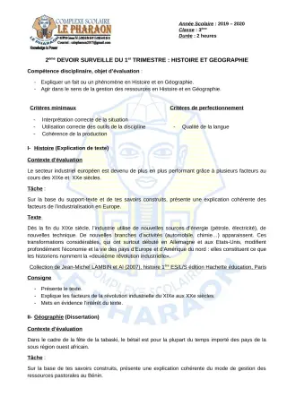 Première page de Histoire-Géographie 3e, 3e ML — 2e devoir surveillé, 1er trimestre (2019-2020) · CPEG LE PHARAON