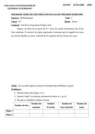 Première page de Mathématiques 6e, 5e, 4e, 3e — 1er devoir surveillé, 1er semestre (2020-2021) · CEG AGBANOU