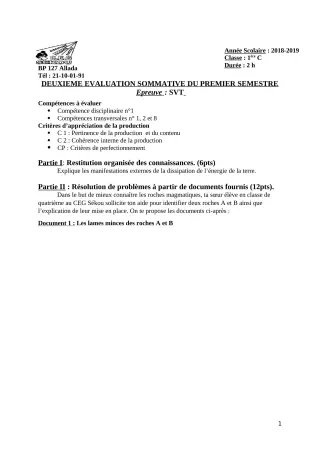Première page de SVT 1ère C — 2e évaluation sommative, 1er semestre (2018-2019) · CEG Sékou