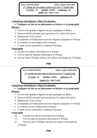 Première page de Histoire-Géographie 6e — 2e devoir surveillé, 2e semestre (2018-2019) · CEG SONNOUMON