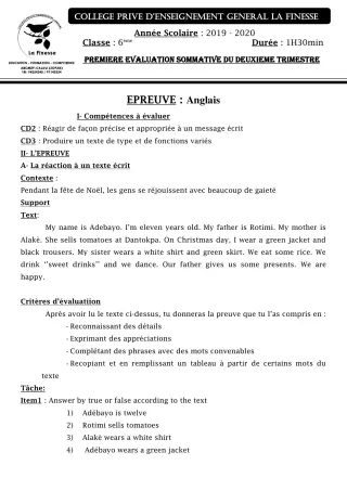 Première page de Anglais 6e — 1re évaluation sommative, 2e trimestre (2019-2020) · CPEG La Finesse